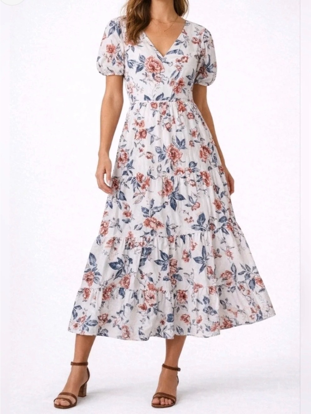 Lucky Brand Floral V-Neck Tiered Puff Sleeve Boho Cottagecore Maxi Dress